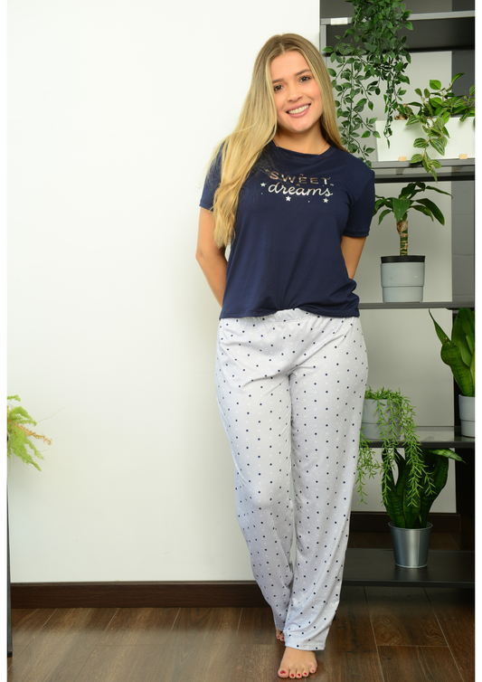 PIJAMA PANTALON PUNTOS AZUL BOTA RECTA, REF 2296