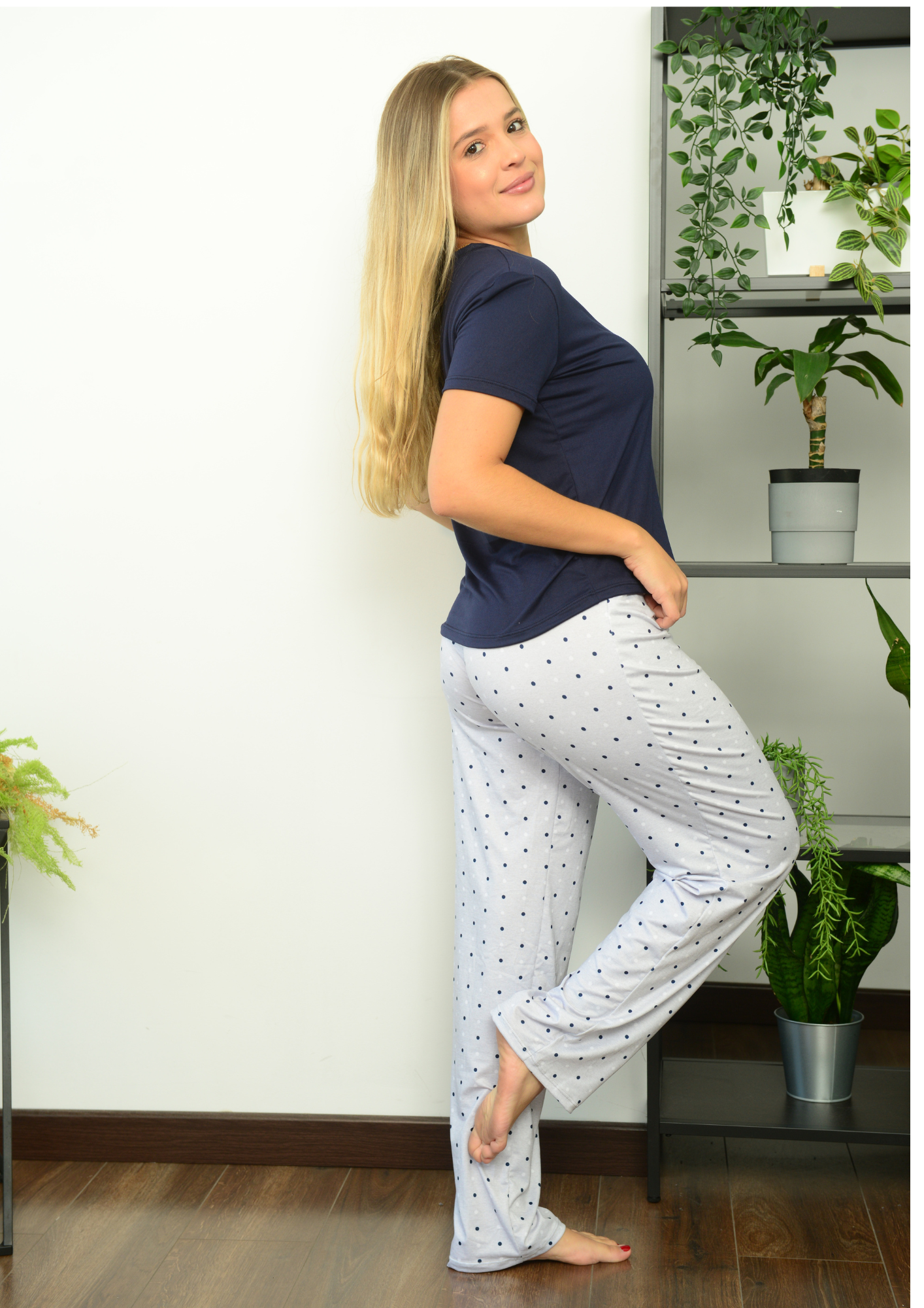 PIJAMA PANTALON PUNTOS AZUL BOTA RECTA, REF 2296