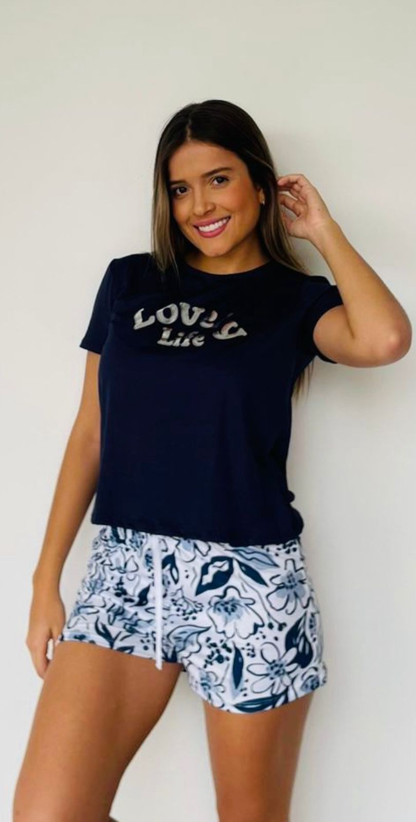 PIJAMA EN SHORT FLORES AZUL, REF 2180
