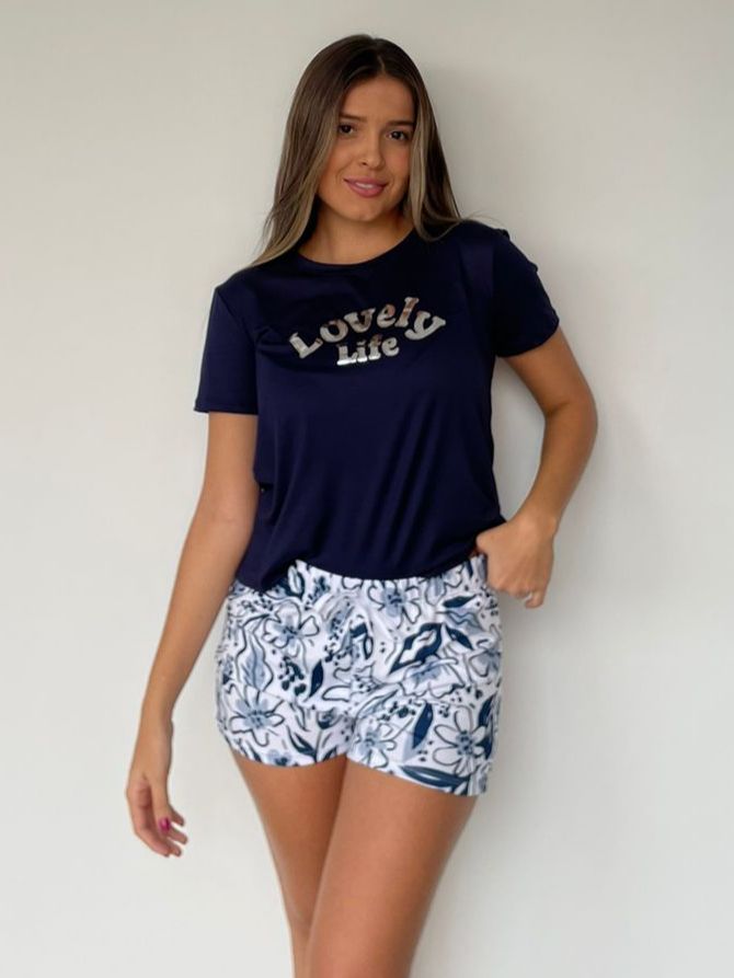 PIJAMA EN SHORT FLORES AZUL, REF 2180