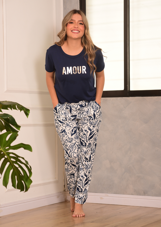 PIJAMA PANTALON FLORES MANGA CORTA, REF 2257