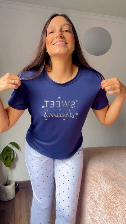 PIJAMA PANTALON PUNTOS AZUL BOTA RECTA, REF 2296