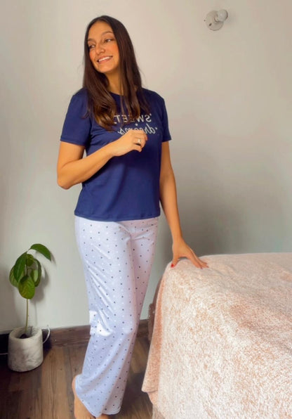 PIJAMA PANTALON PUNTOS AZUL BOTA RECTA, REF 2296